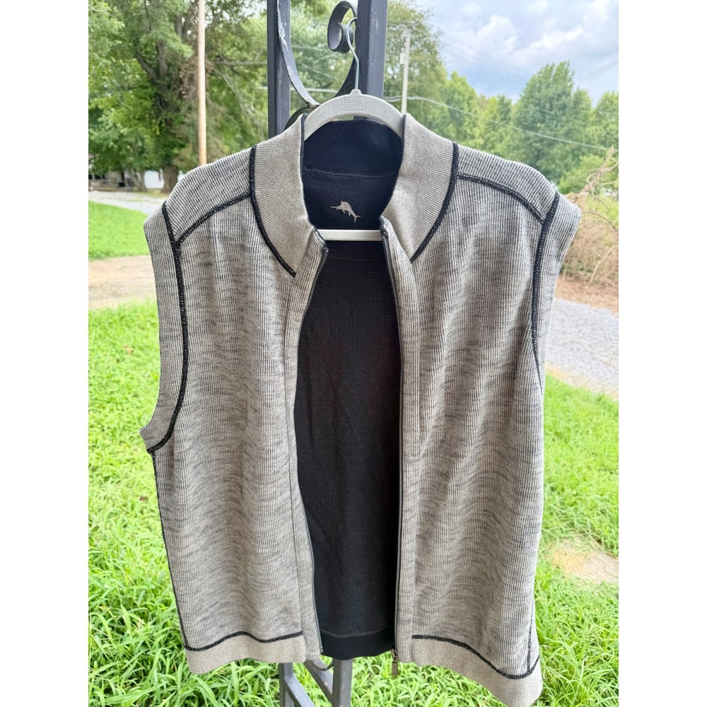 Tommy Bahama Mens Reversible Full Zip Vest Gray Charcoal Marlin Logo Mock Neck